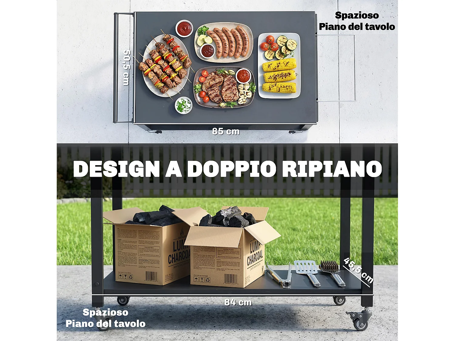 Carrello per barbecue con 2 ripiani in metallo nero