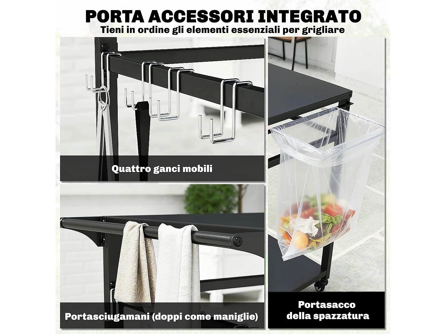 Carrello per barbecue con 2 ripiani in metallo nero