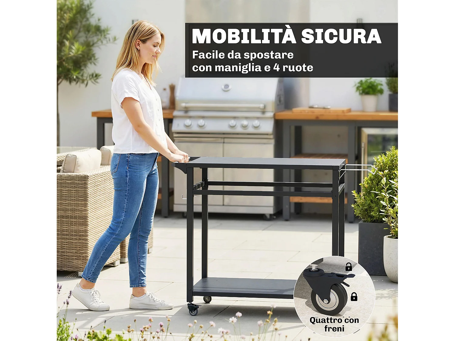 Carrello per barbecue con 2 ripiani in metallo nero