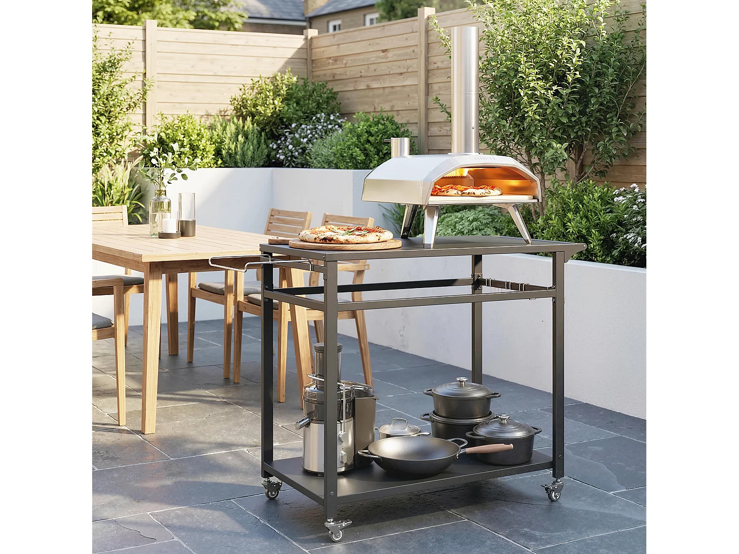 Carrello per barbecue con 2 ripiani in metallo nero