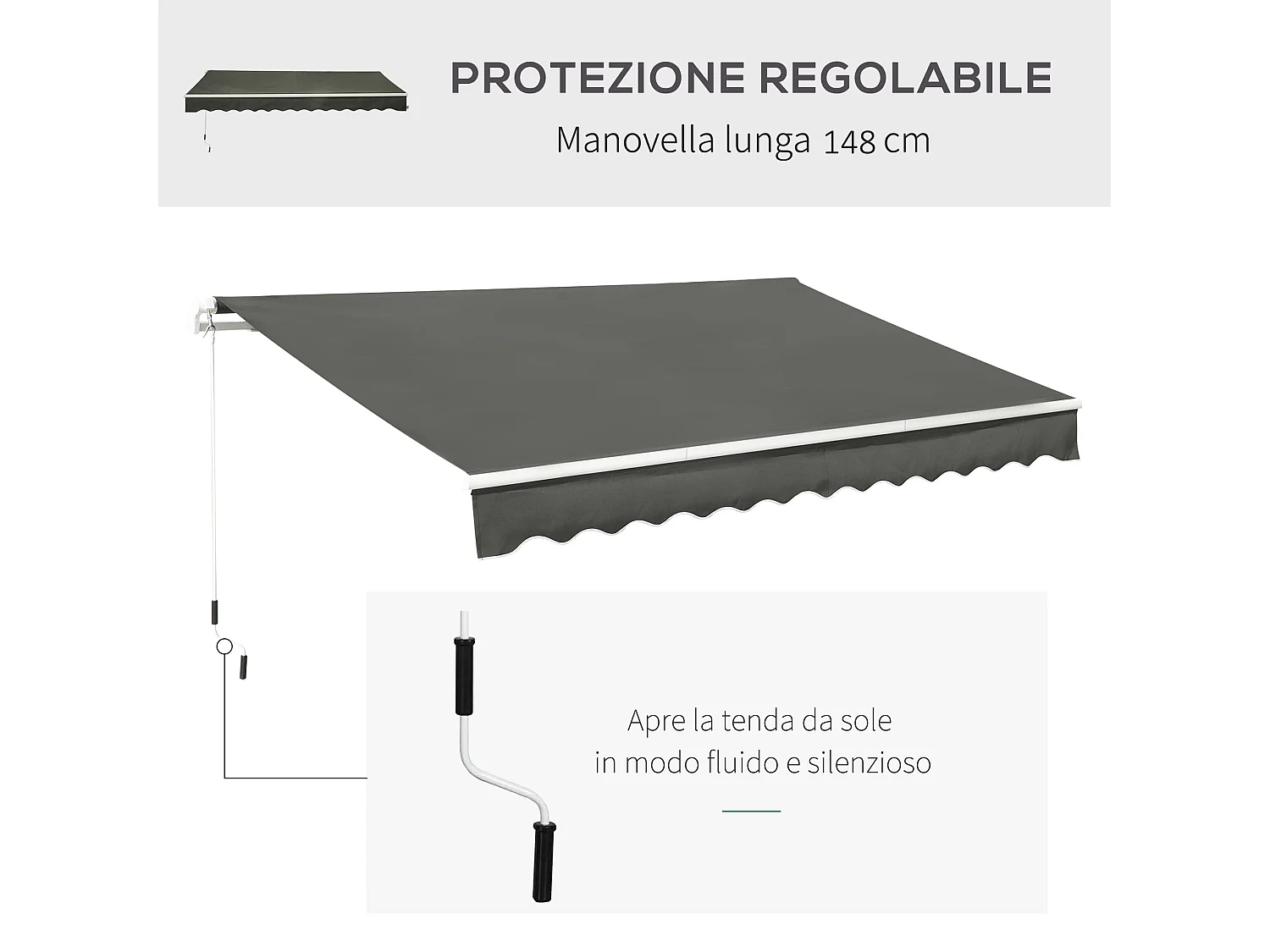 Tenda da sole avvolgibile con manovella 350x250cm grigio