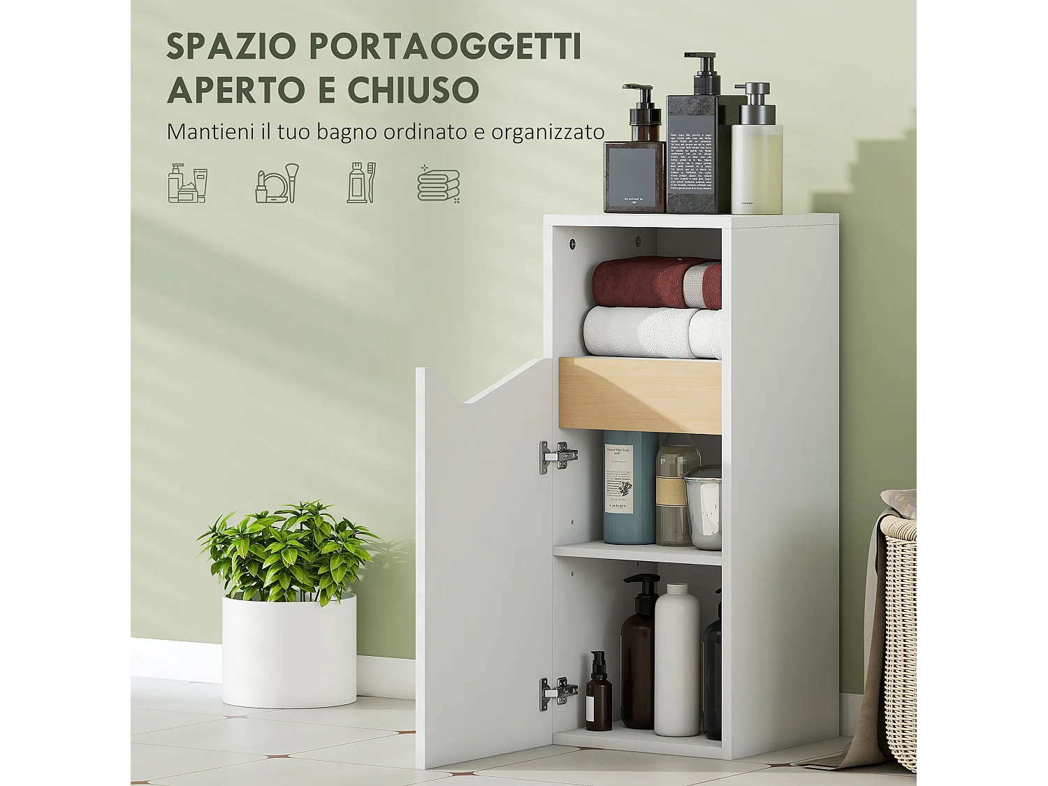 Mobile bagno con armadietto anta ammortizzata e vano aperto bianco