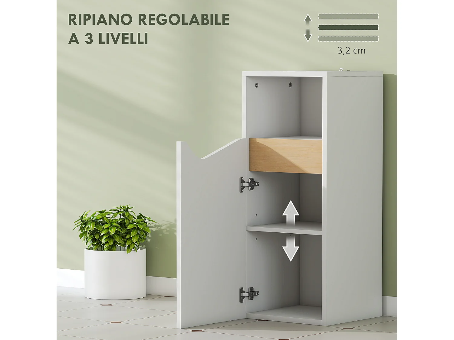 Mobile bagno con armadietto anta ammortizzata e vano aperto bianco
