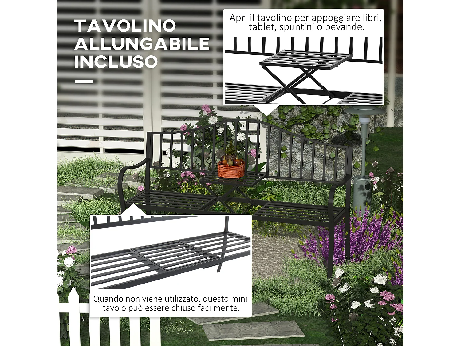 Panchina da Giardino 2 Persone con Tavolino Estensibile Nero Metallo