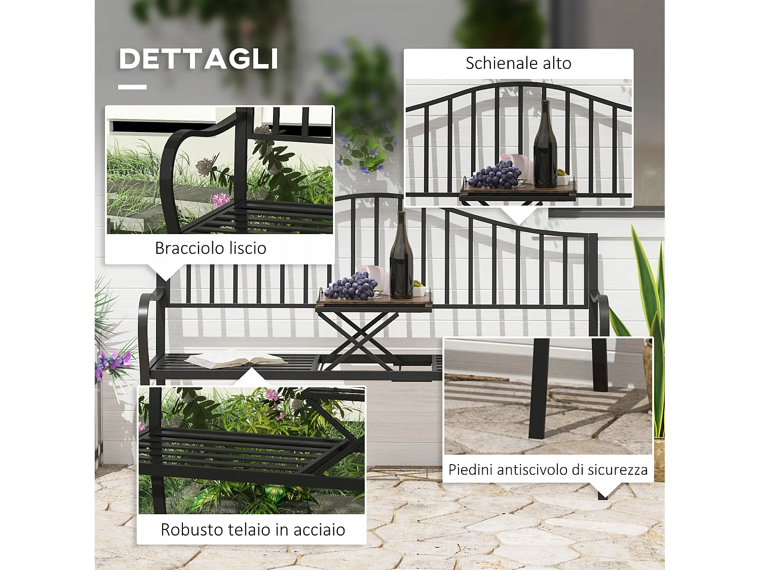 Panchina da Giardino 2 Persone con Tavolino Estensibile Nero Metallo