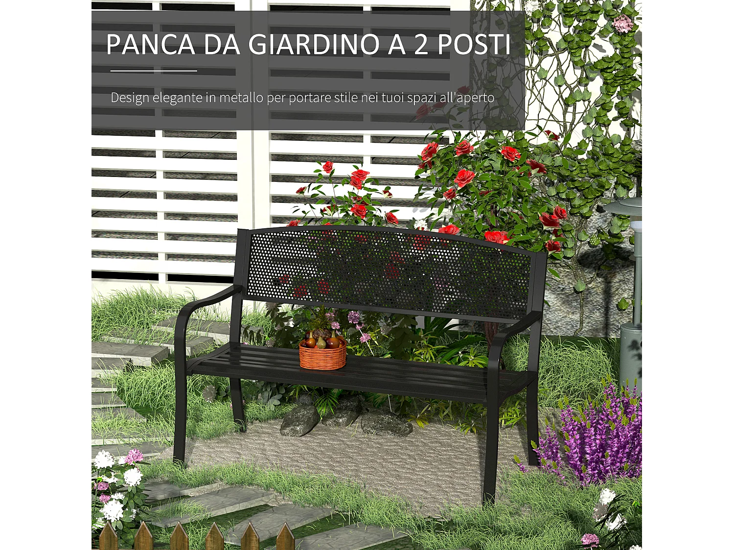 Panchina da giardino a 3 posti in metallo nero