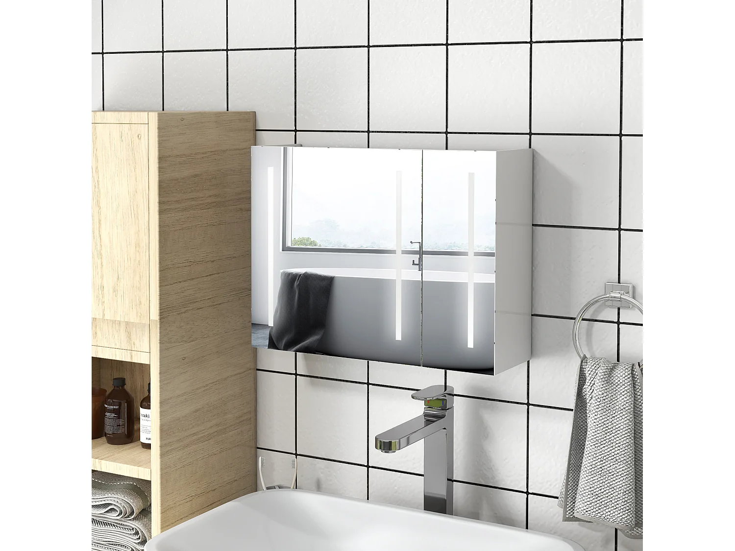 Armadietto con specchio a 2 livelli regolabili e luci led bianco