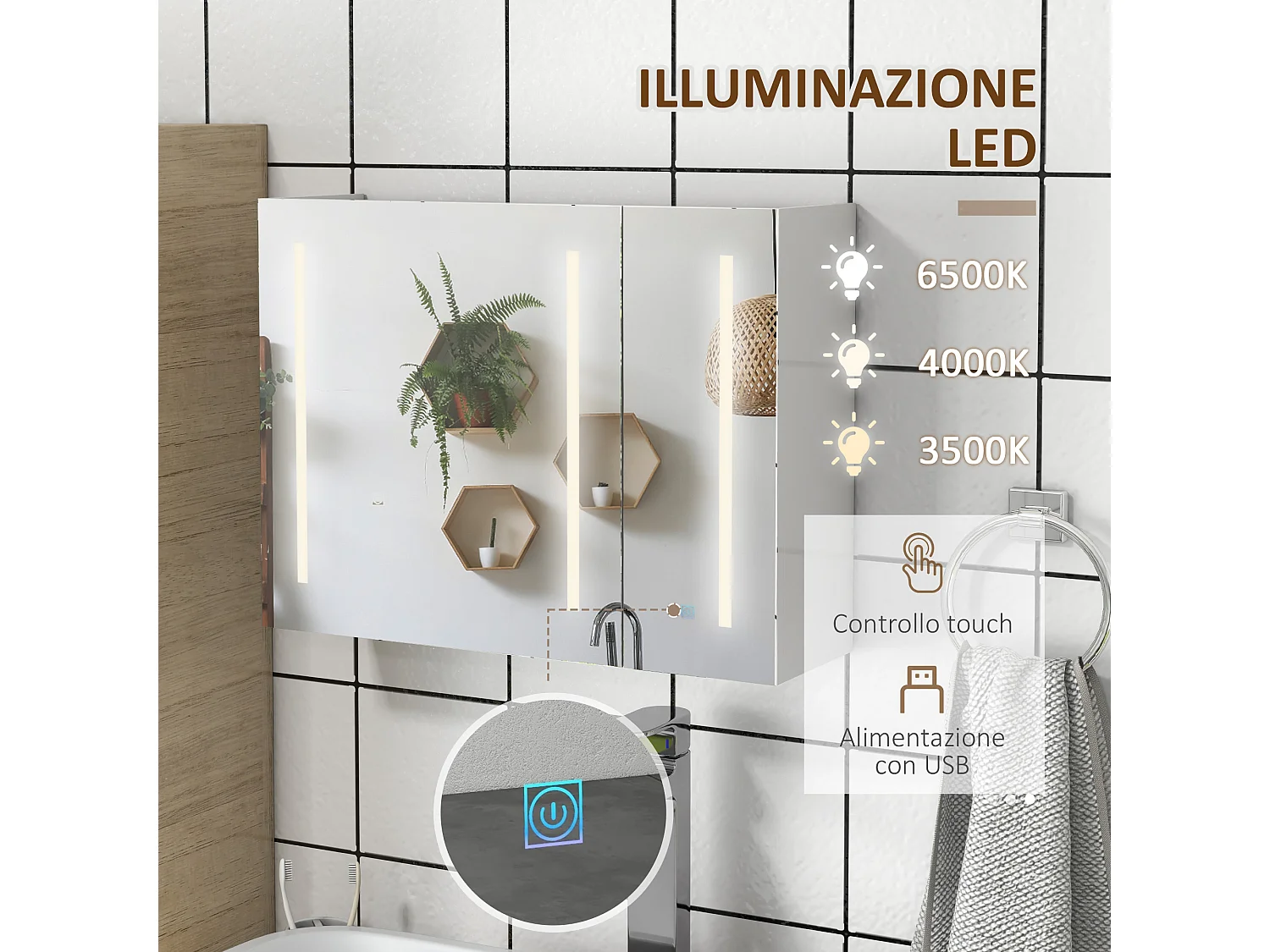 Armadietto con specchio a 2 livelli regolabili e luci led bianco