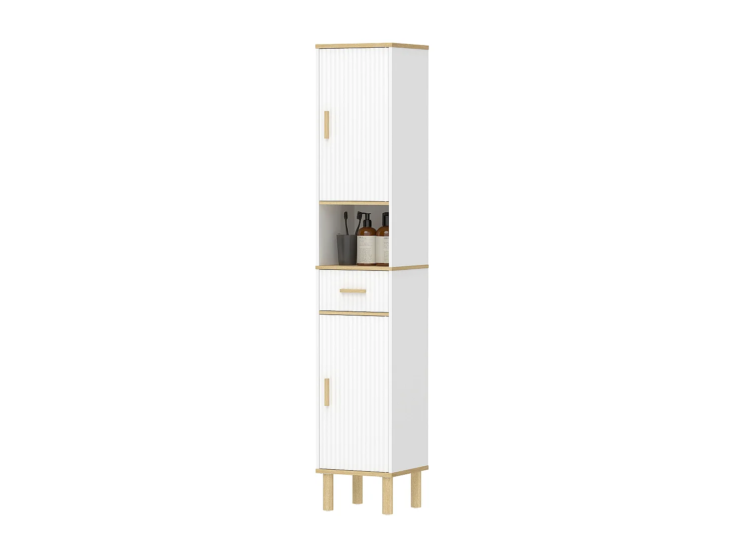 Armadietto alto da bagno con cassetto in legno bianco