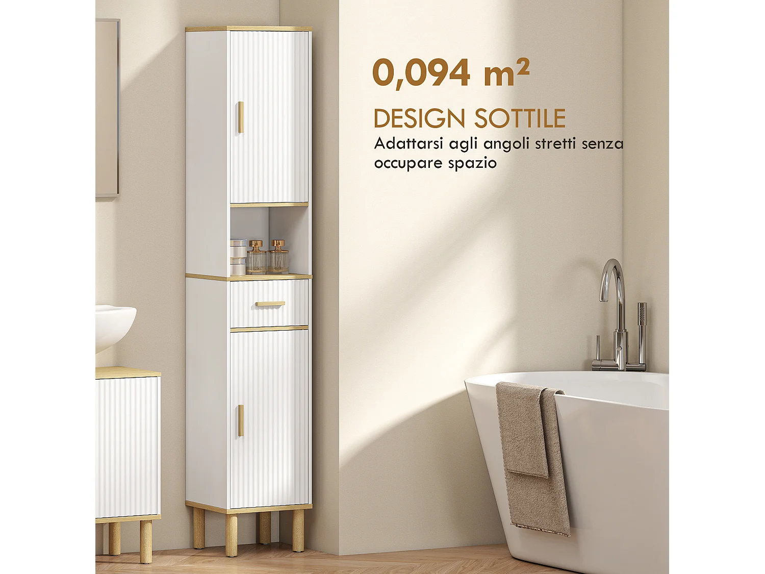 Armadietto alto da bagno con cassetto in legno bianco