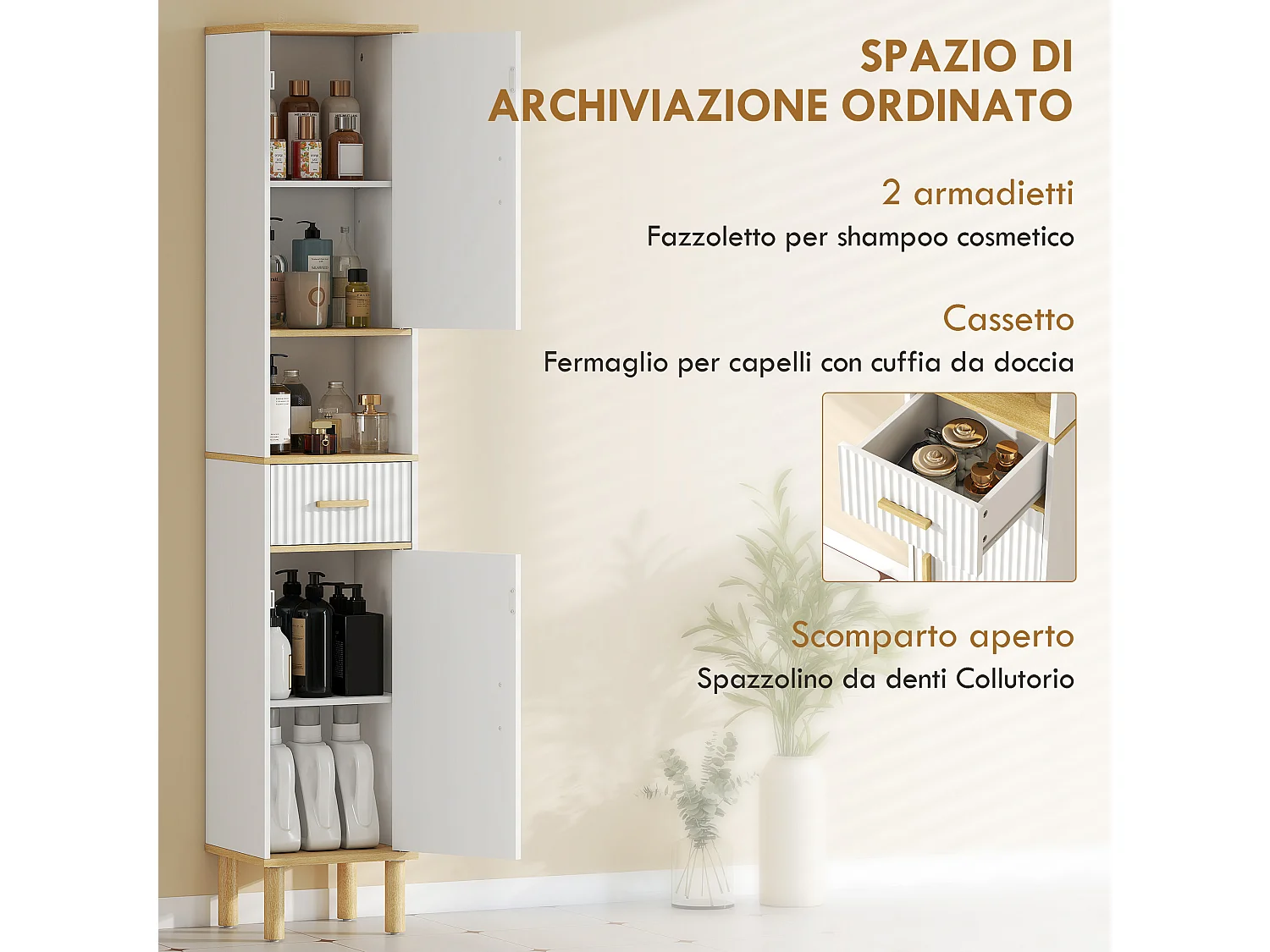 Armadietto alto da bagno con cassetto in legno bianco