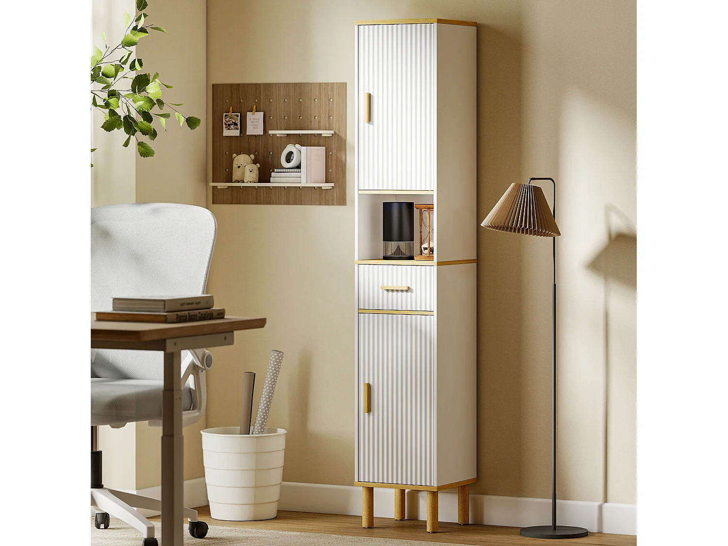 Armadietto alto da bagno con cassetto in legno bianco