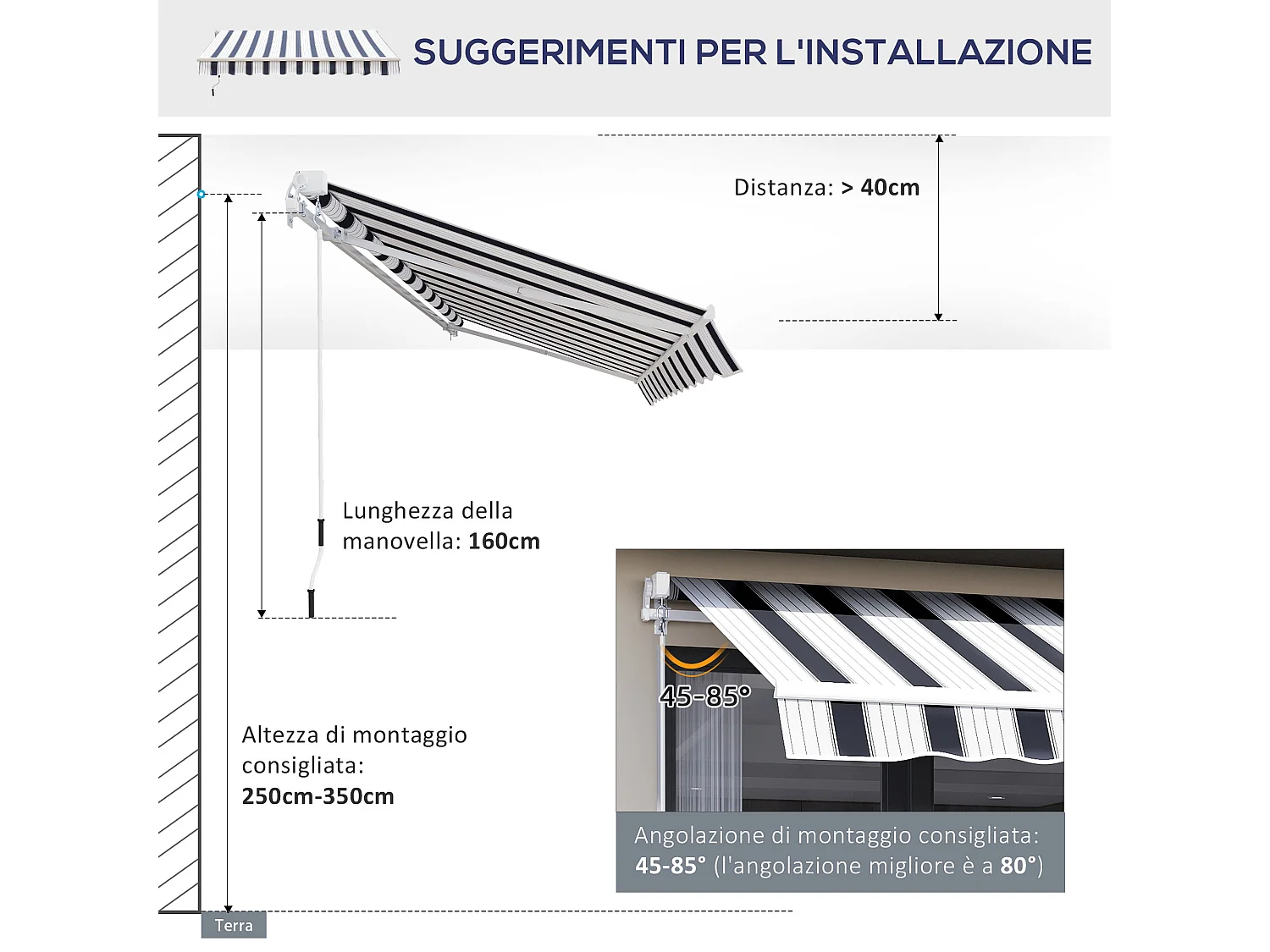 Tenda da sole 2.5x2m avvolgibile manuale blu e bianco