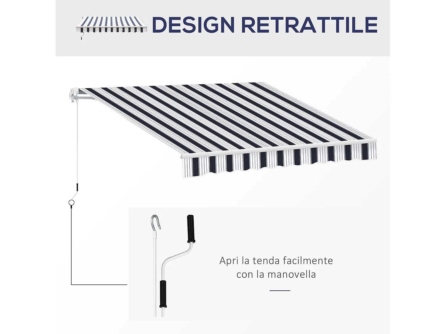 Tenda da sole 2.5x2m avvolgibile manuale blu e bianco