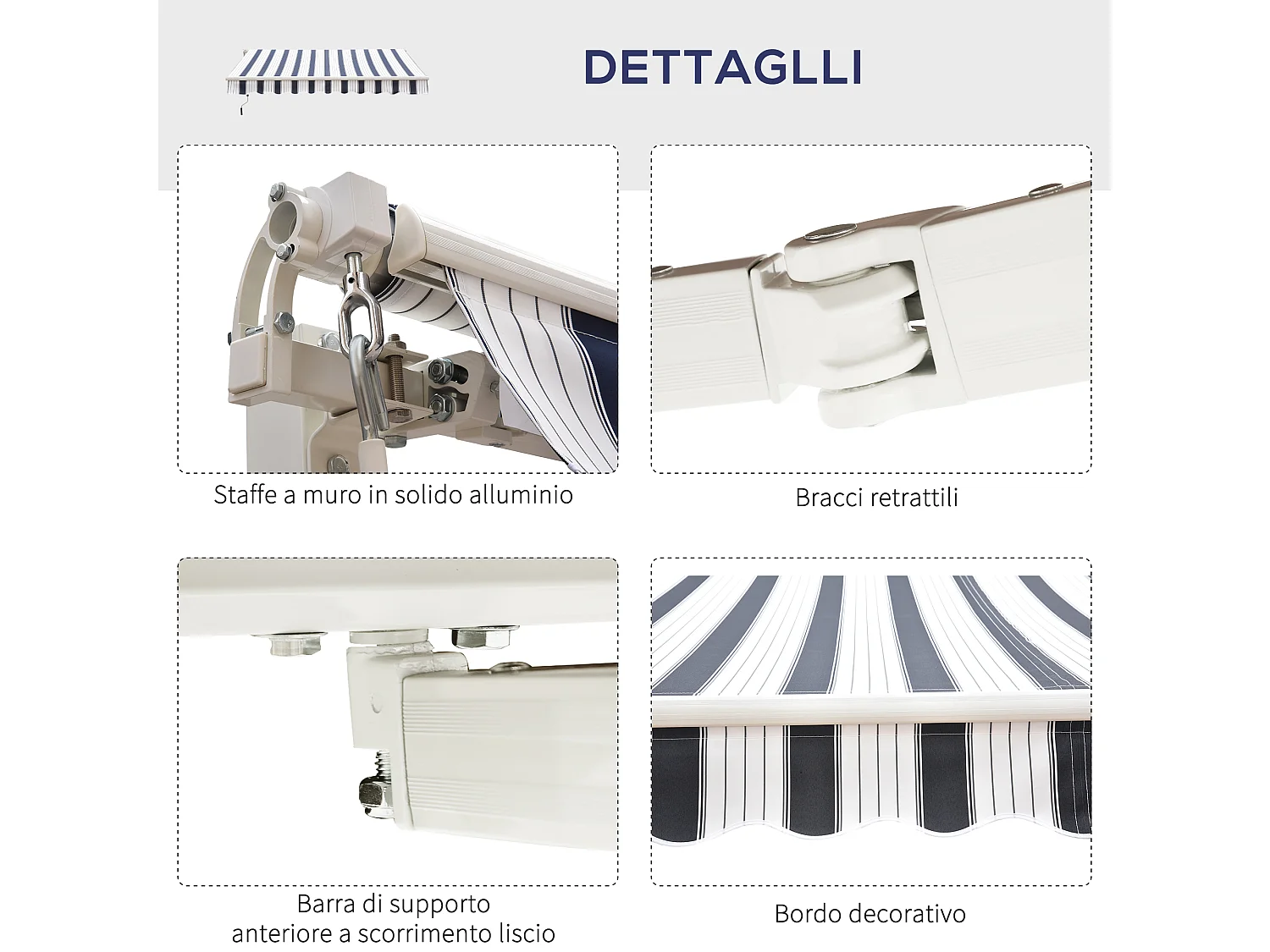 Tenda da sole 2.5x2m avvolgibile manuale blu e bianco