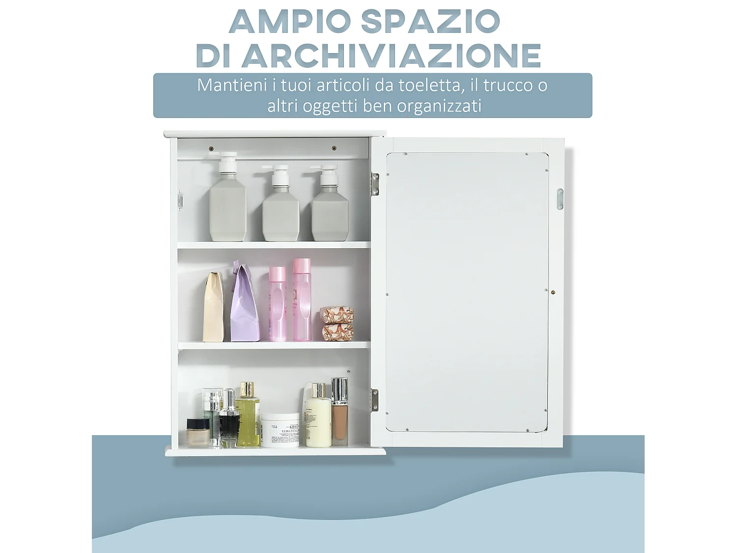 Specchio bagno contenitore con ripiano regolabile in vetro bianco