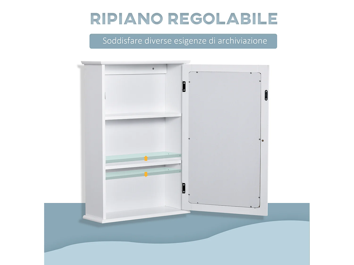 Specchio bagno contenitore con ripiano regolabile in vetro bianco