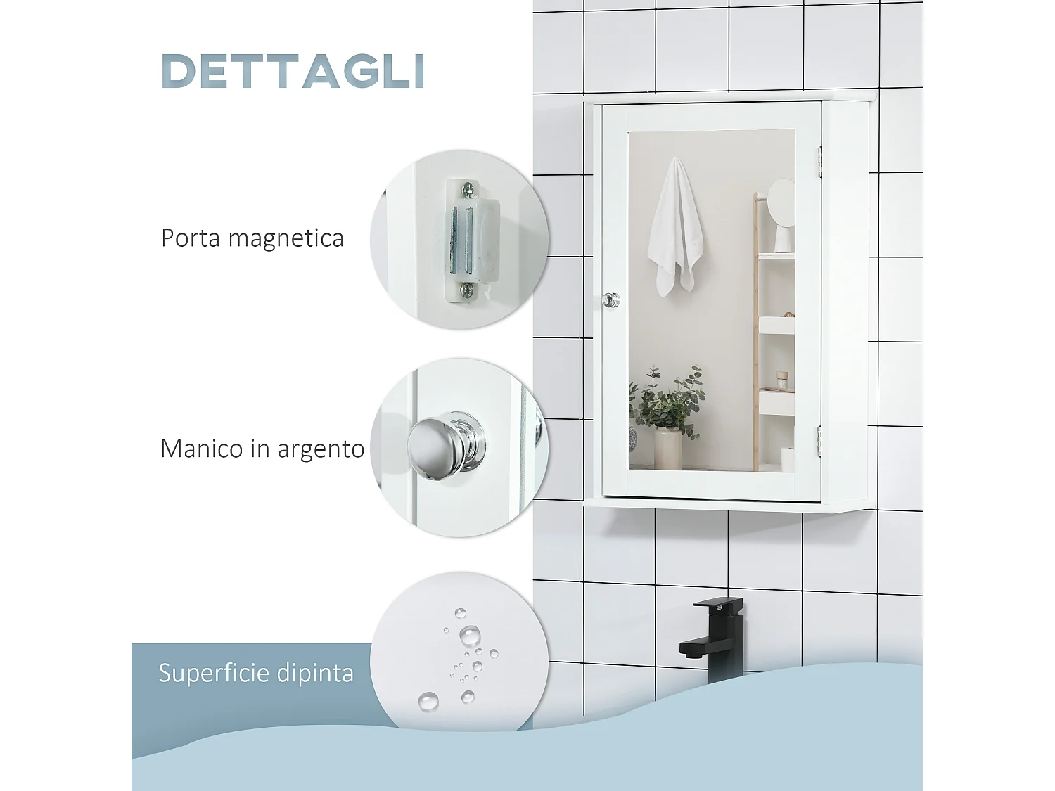 Specchio bagno contenitore con ripiano regolabile in vetro bianco
