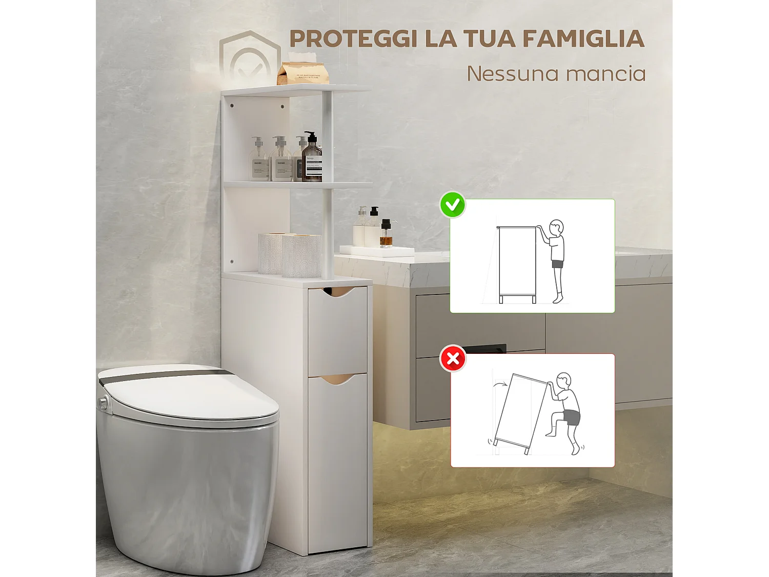 Colonna bagno salvaspazio con 2 cassetti e ripiani aperti bianco