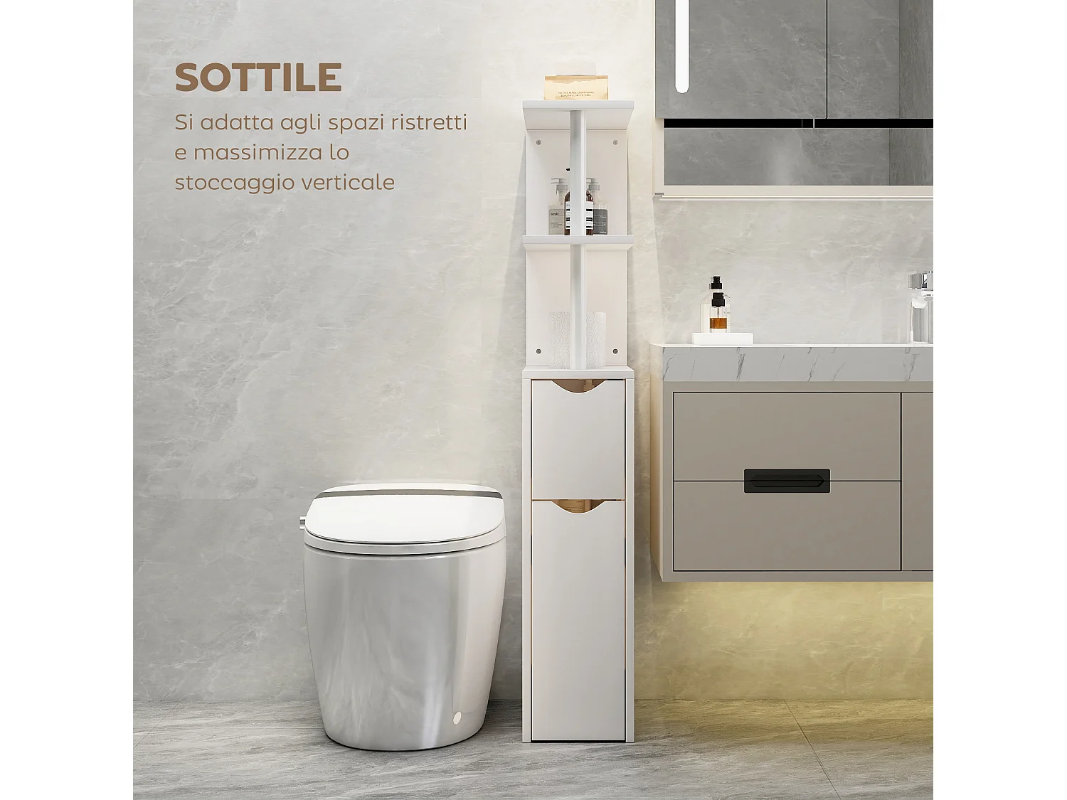 Colonna bagno salvaspazio con 2 cassetti e ripiani aperti bianco