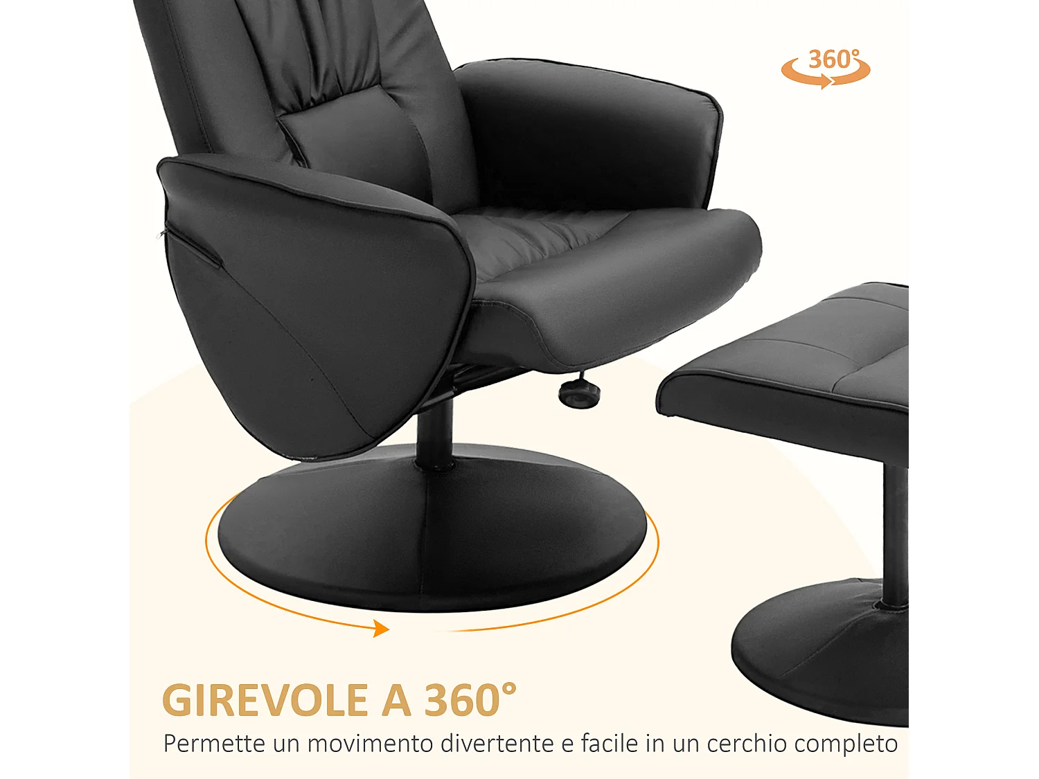 Poltrona relax girevole con poggiapiedi schienale regolabile nero