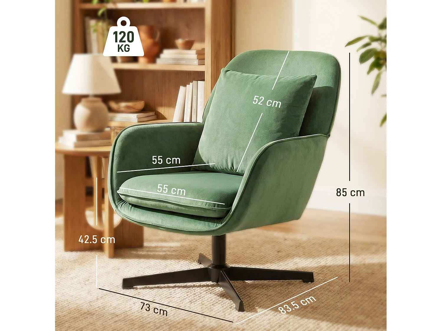 Poltrona girevole con cuscino lombare in tessuto effetto velluto verde