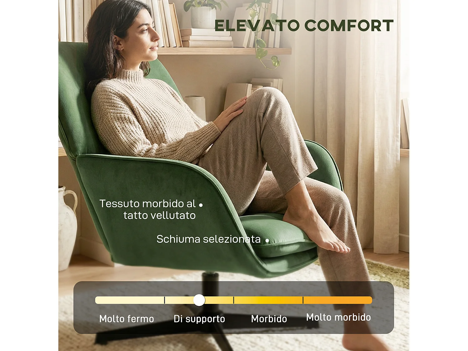 Poltrona girevole con cuscino lombare in tessuto effetto velluto verde