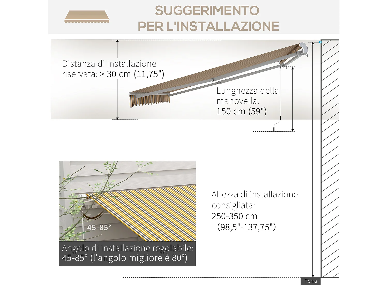 Tenda da sole avvolgibile con manovella 350x250cm giallo