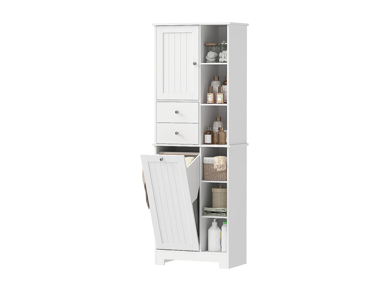 Armadietto alto da bagno con cesto in legno bianco