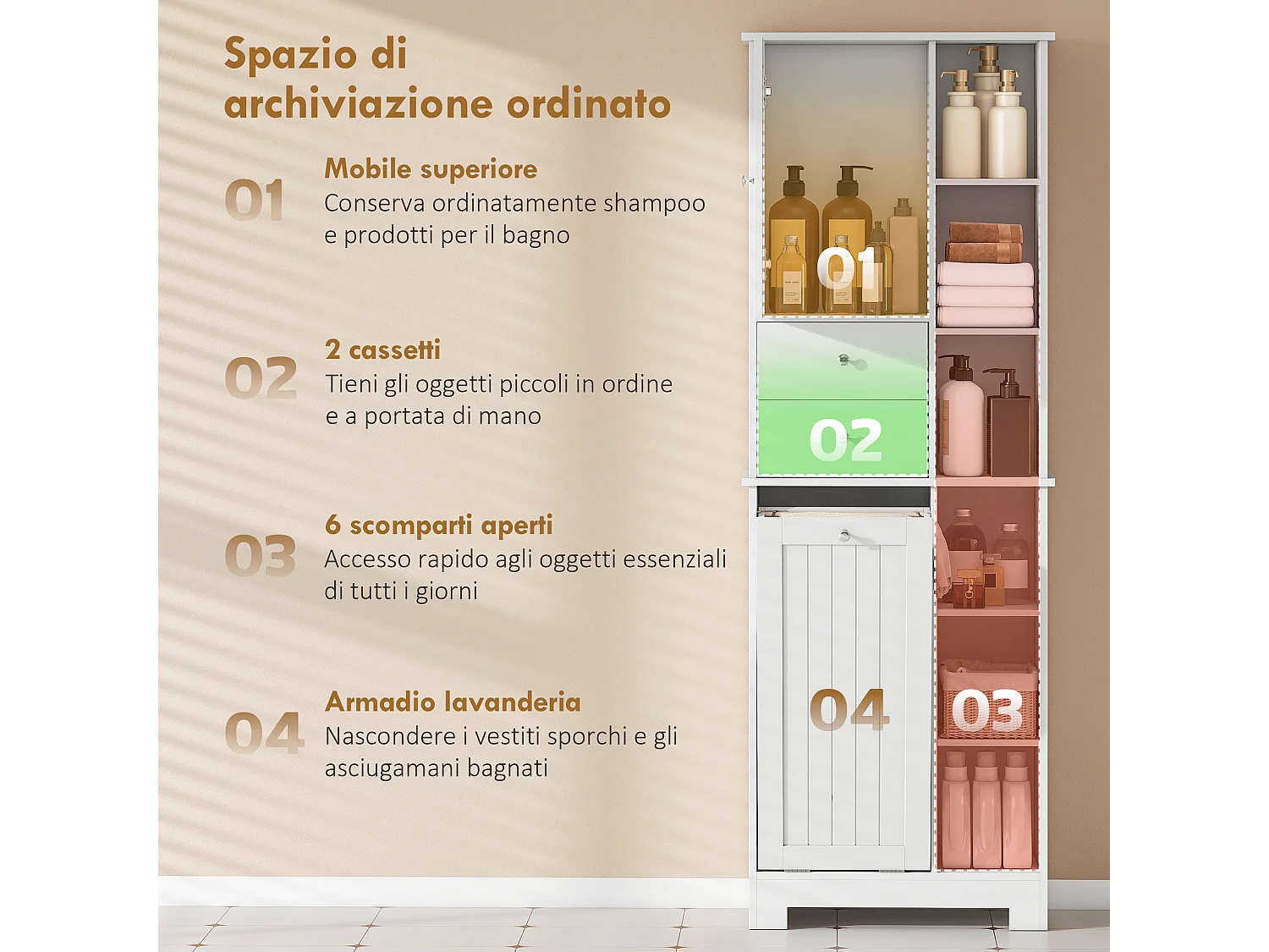 Armadietto alto da bagno con cesto in legno bianco