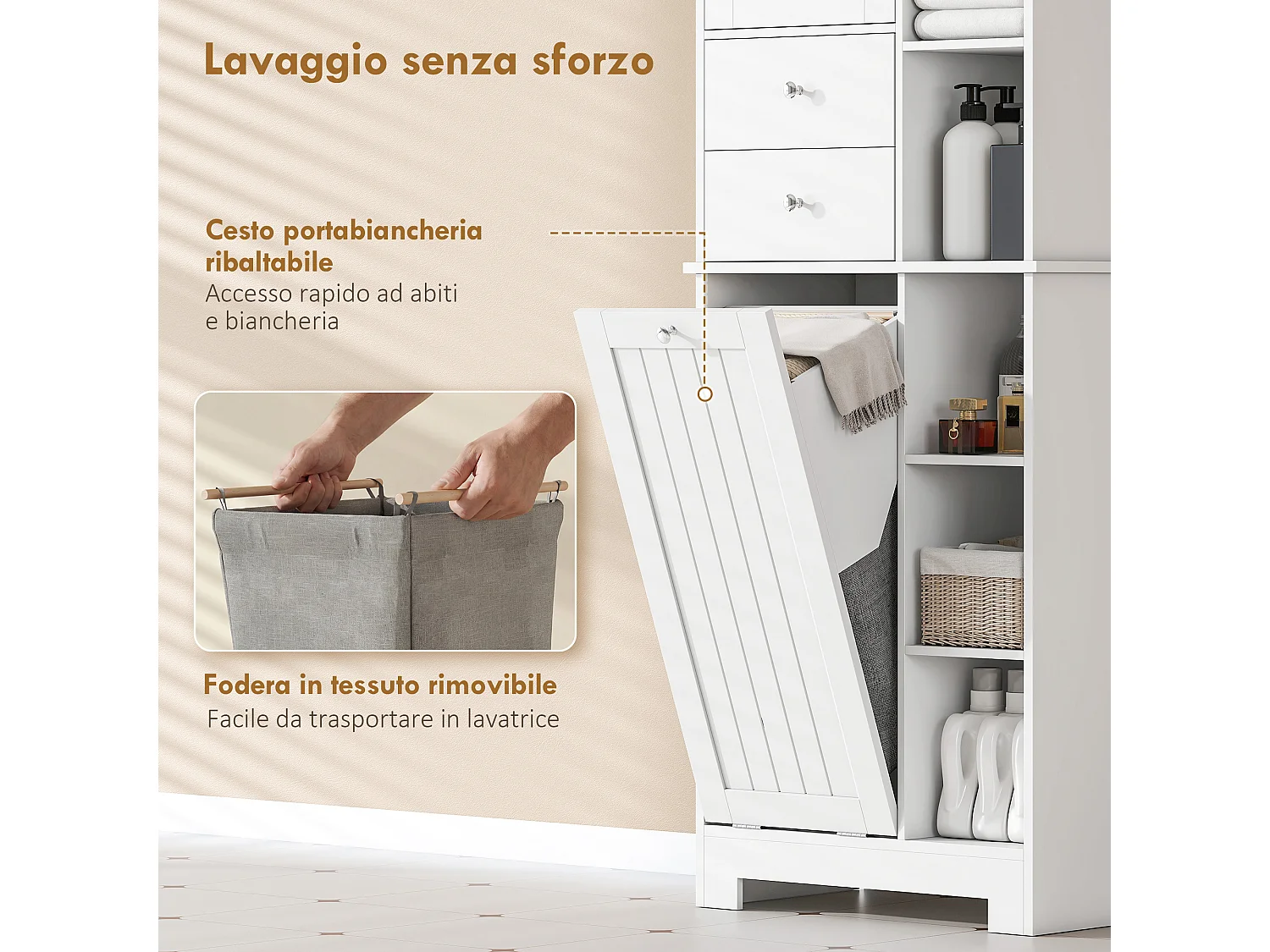 Armadietto alto da bagno con cesto in legno bianco