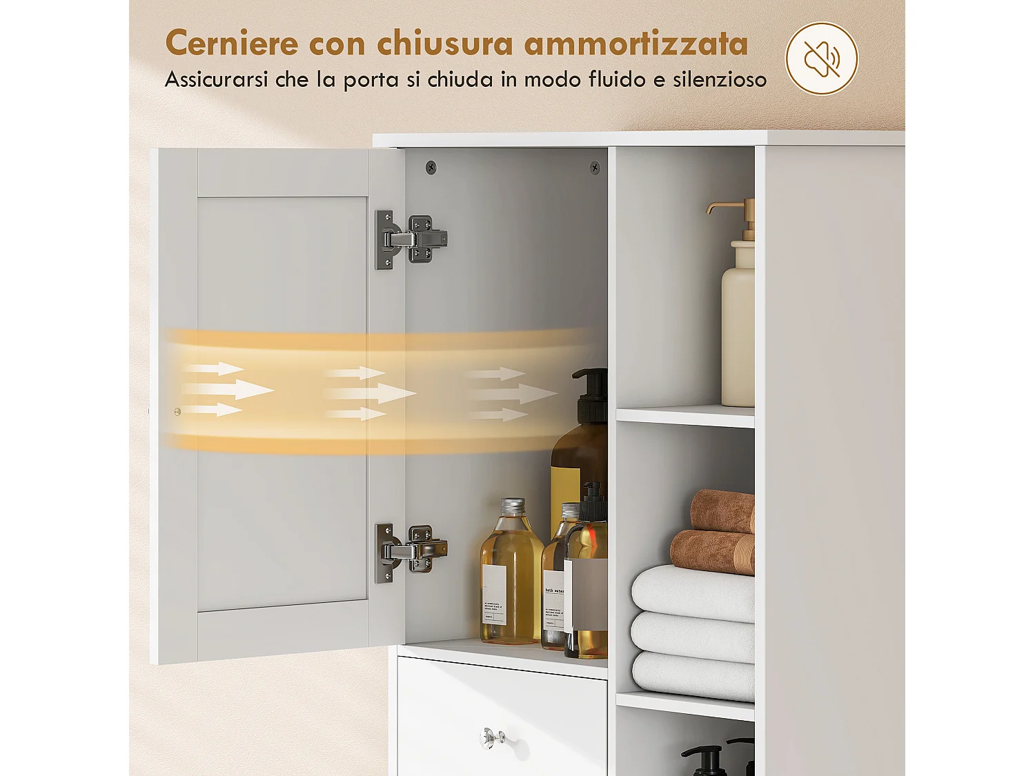 Armadietto alto da bagno con cesto in legno bianco