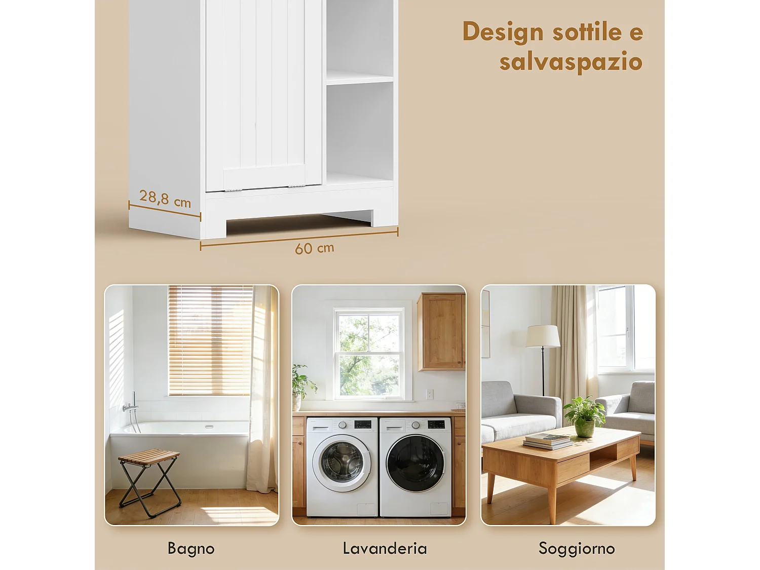 Armadietto alto da bagno con cesto in legno bianco