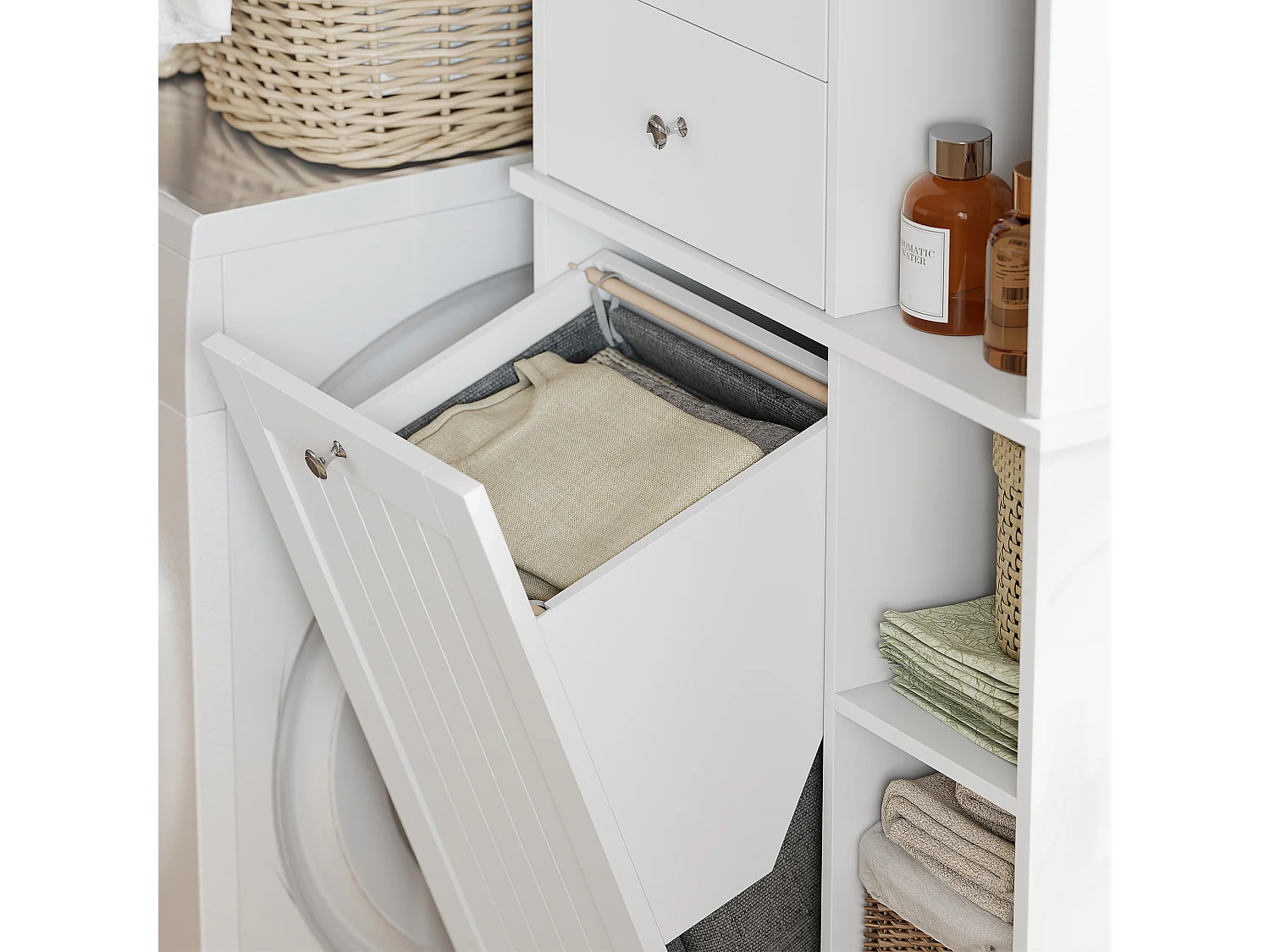 Armadietto alto da bagno con cesto in legno bianco
