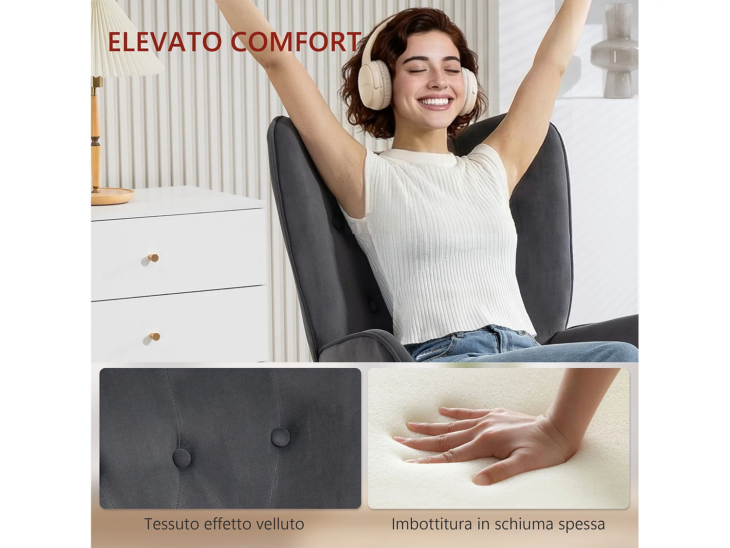 Poltrona girevole altezza regolabile in tessuto effetto velluto grigio scuro