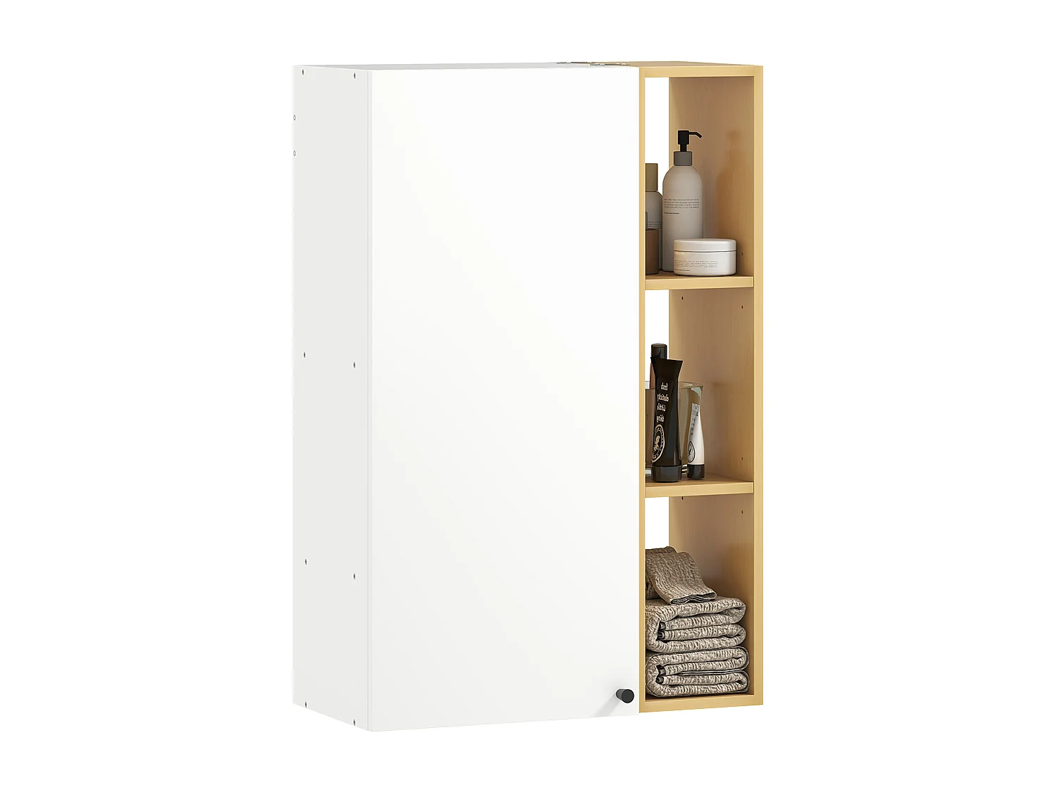 Armadietto bagno pensile con ripiani aperti bianco e legno
