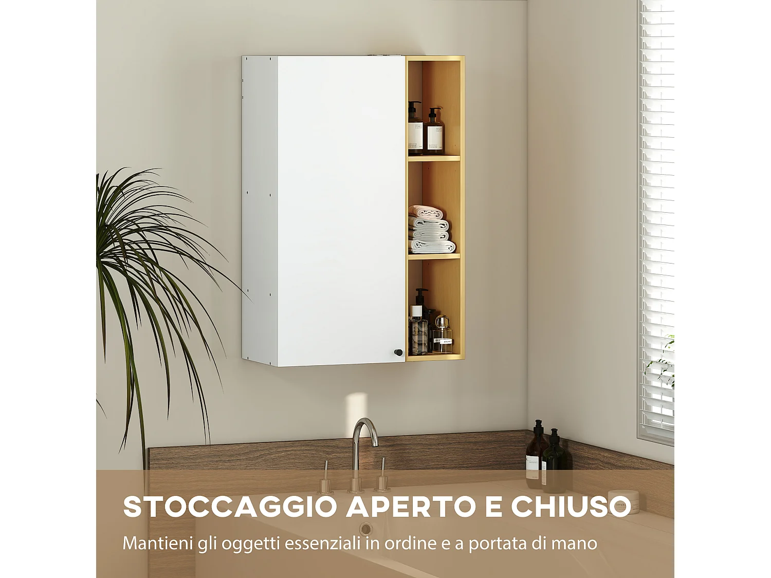 Armadietto bagno pensile con ripiani aperti bianco e legno