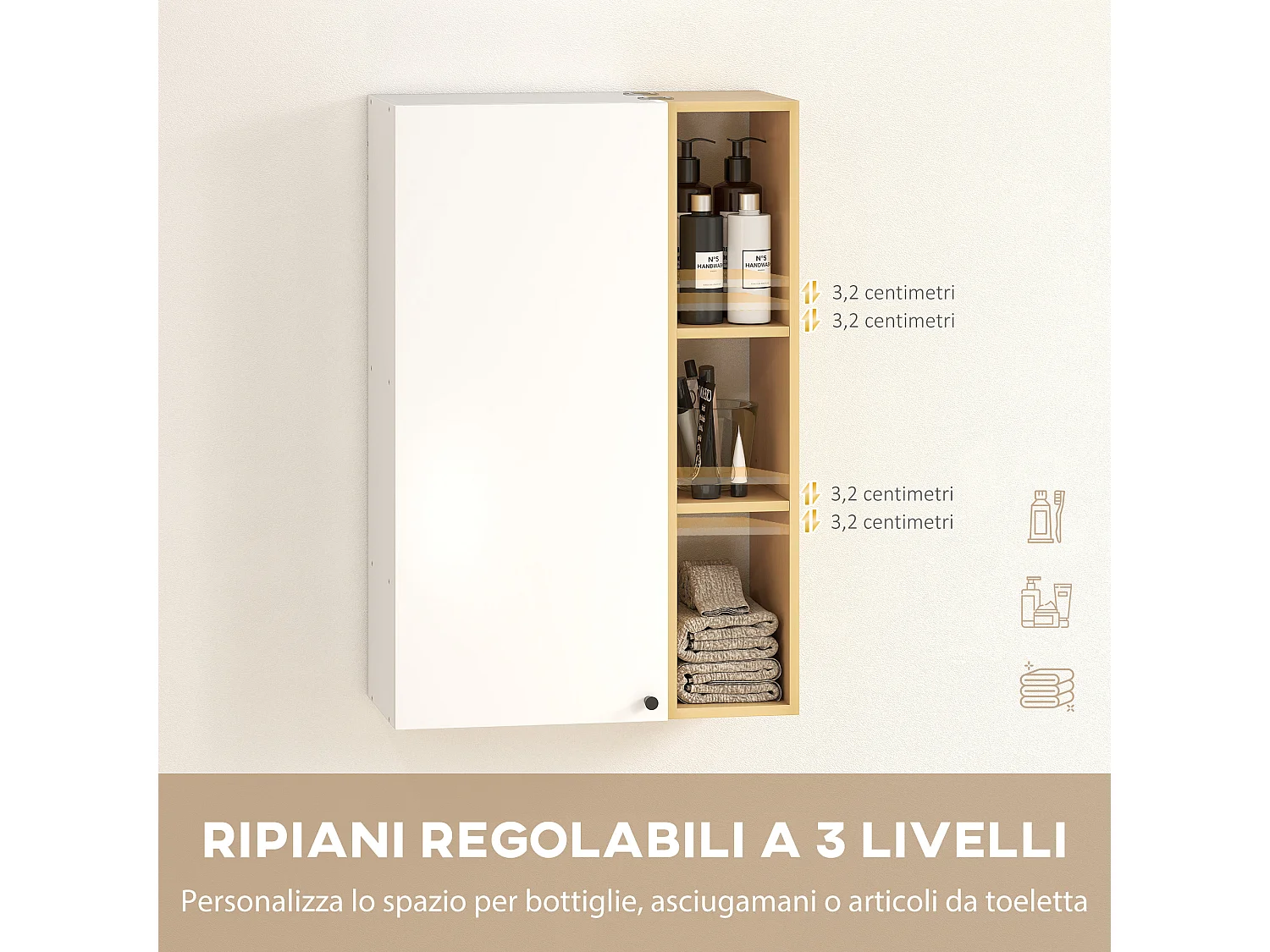 Armadietto bagno pensile con ripiani aperti bianco e legno