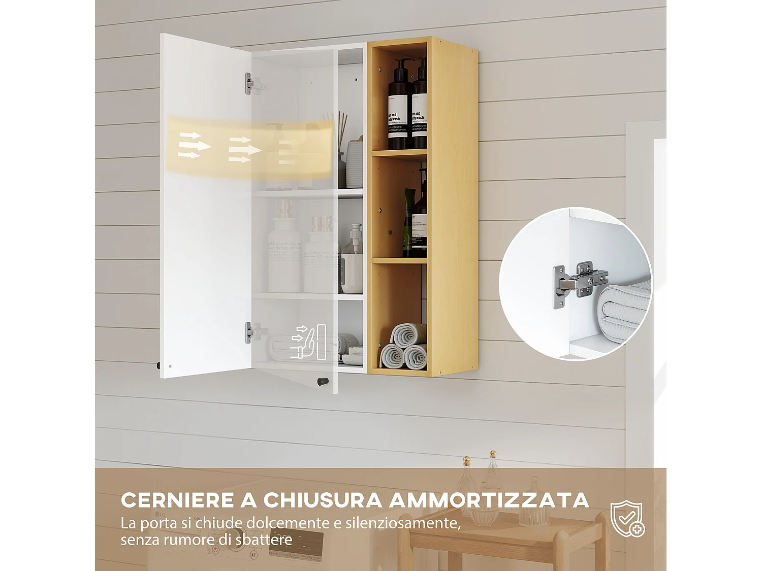 Armadietto bagno pensile con ripiani aperti bianco e legno