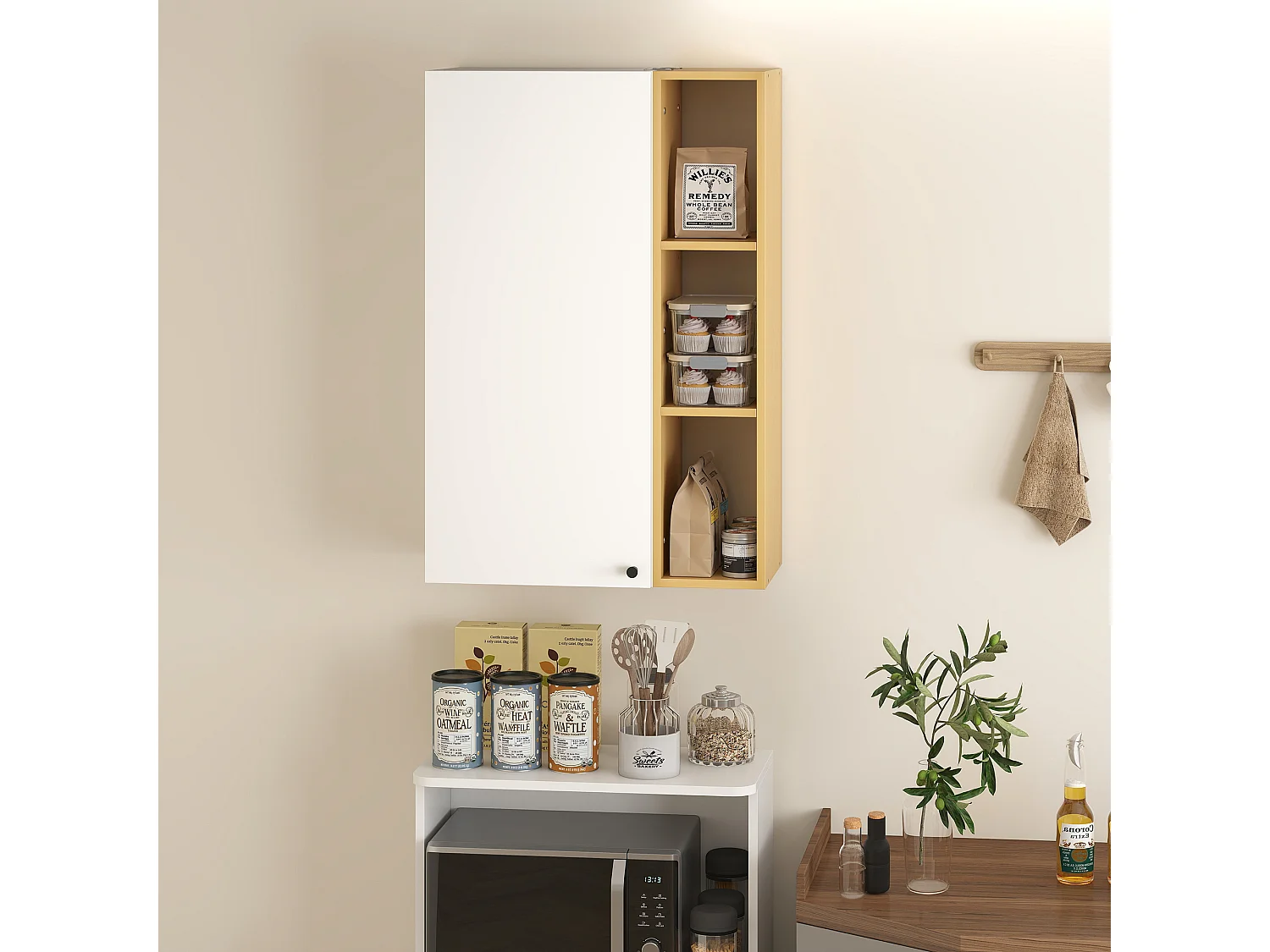Armadietto bagno pensile con ripiani aperti bianco e legno