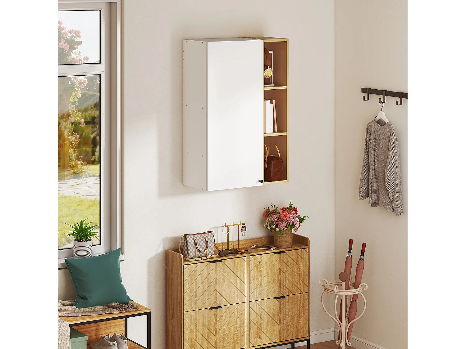 Armadietto bagno pensile con ripiani aperti bianco e legno