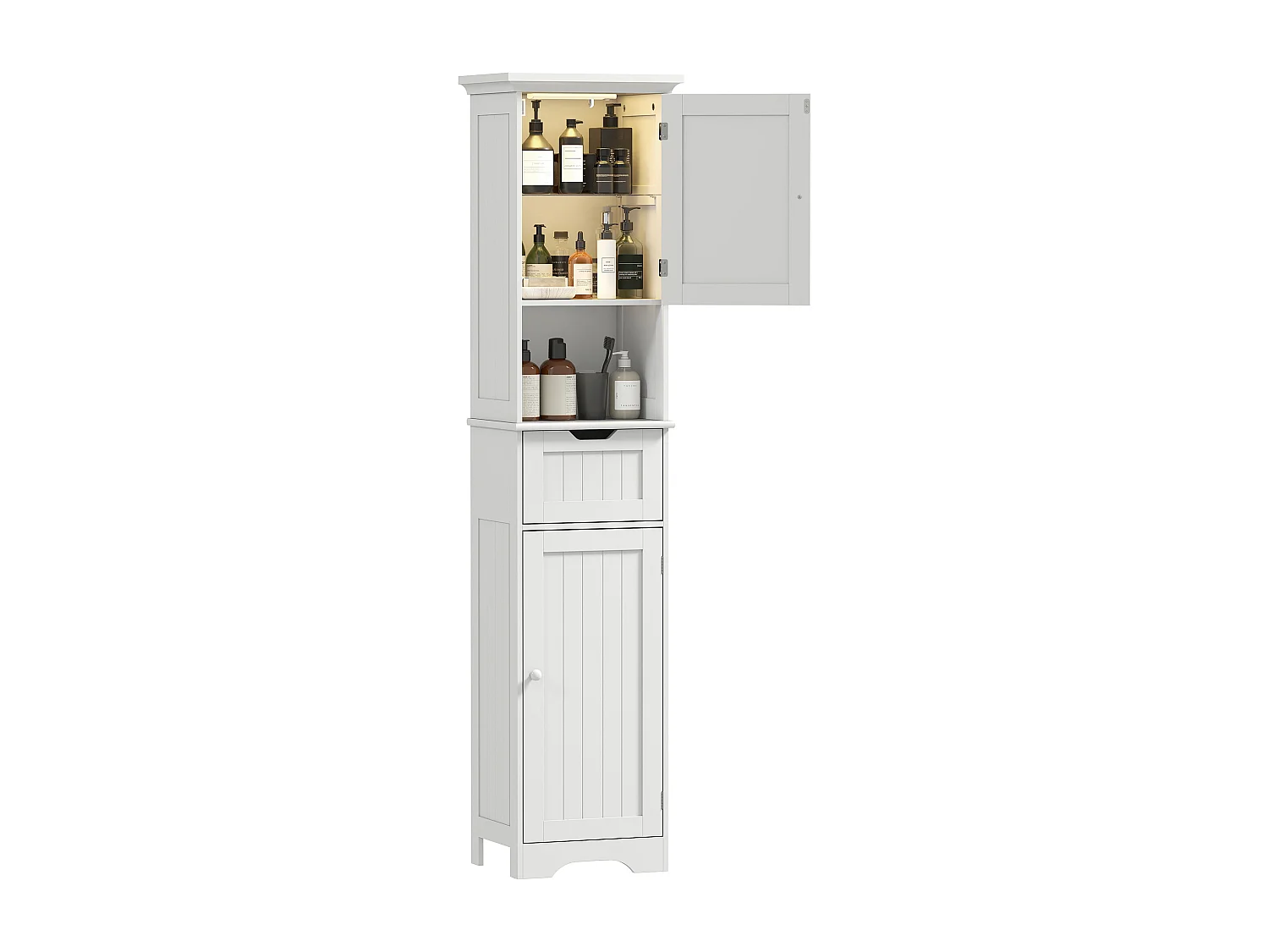 Colonna bagno con 2 armadietti, ripiano aperto e cassetto bianco