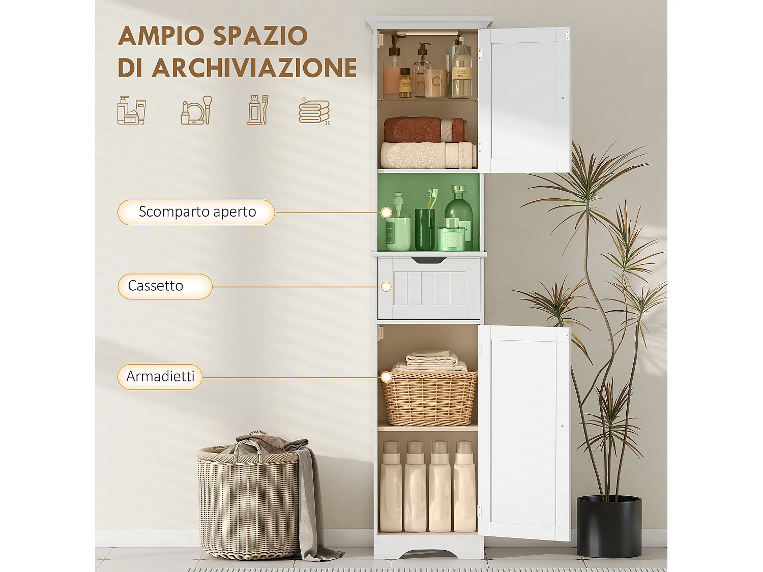 Colonna bagno con 2 armadietti, ripiano aperto e cassetto bianco