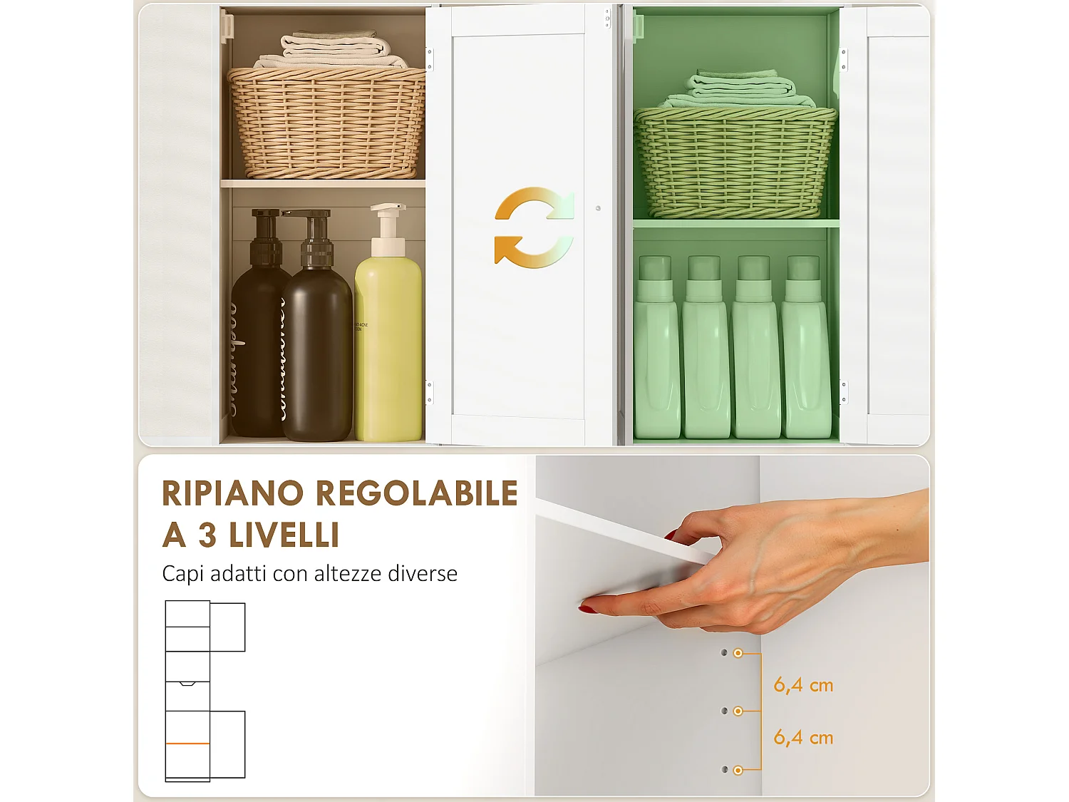 Colonna bagno con 2 armadietti, ripiano aperto e cassetto bianco