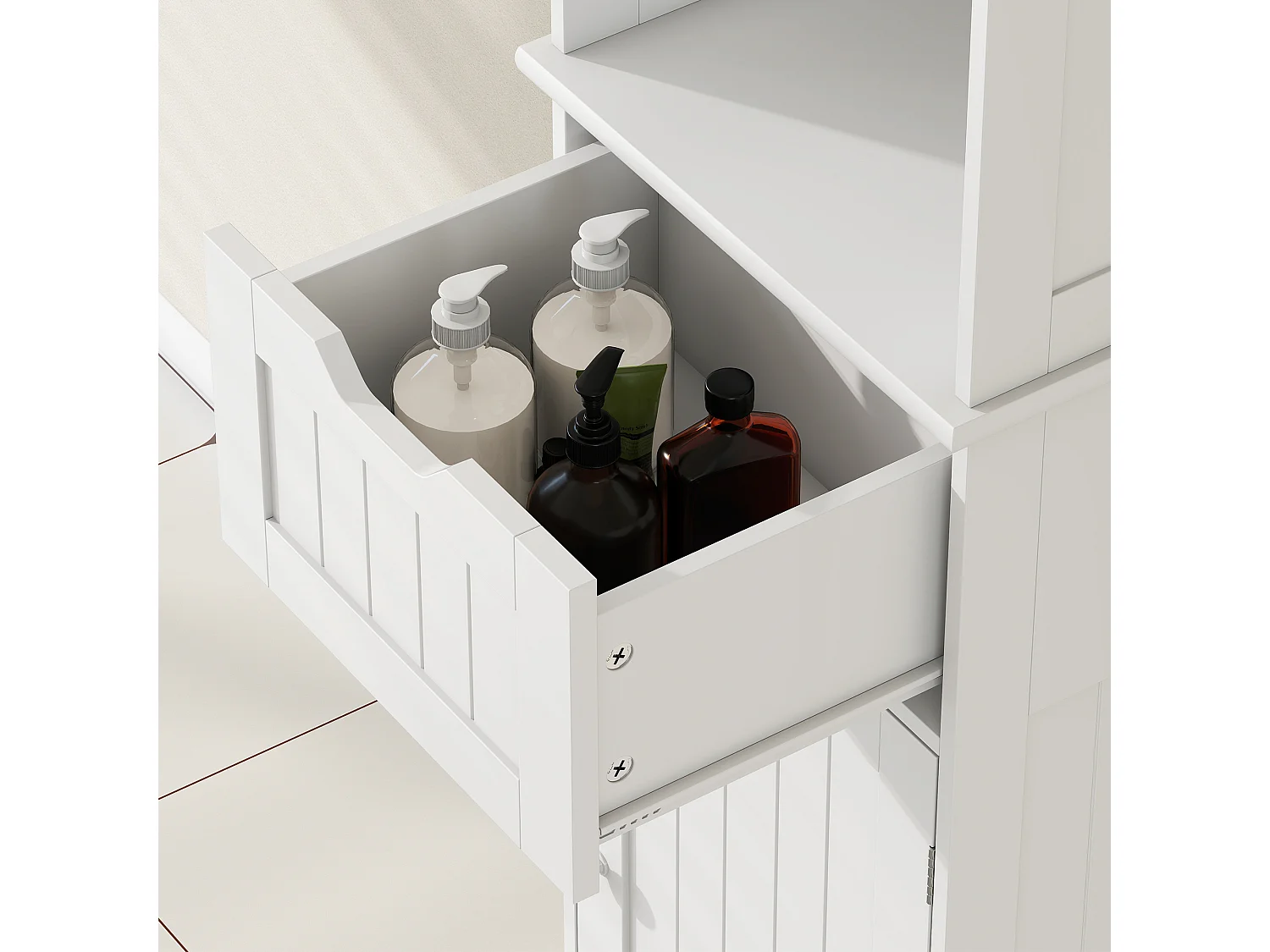 Colonna bagno con 2 armadietti, ripiano aperto e cassetto bianco