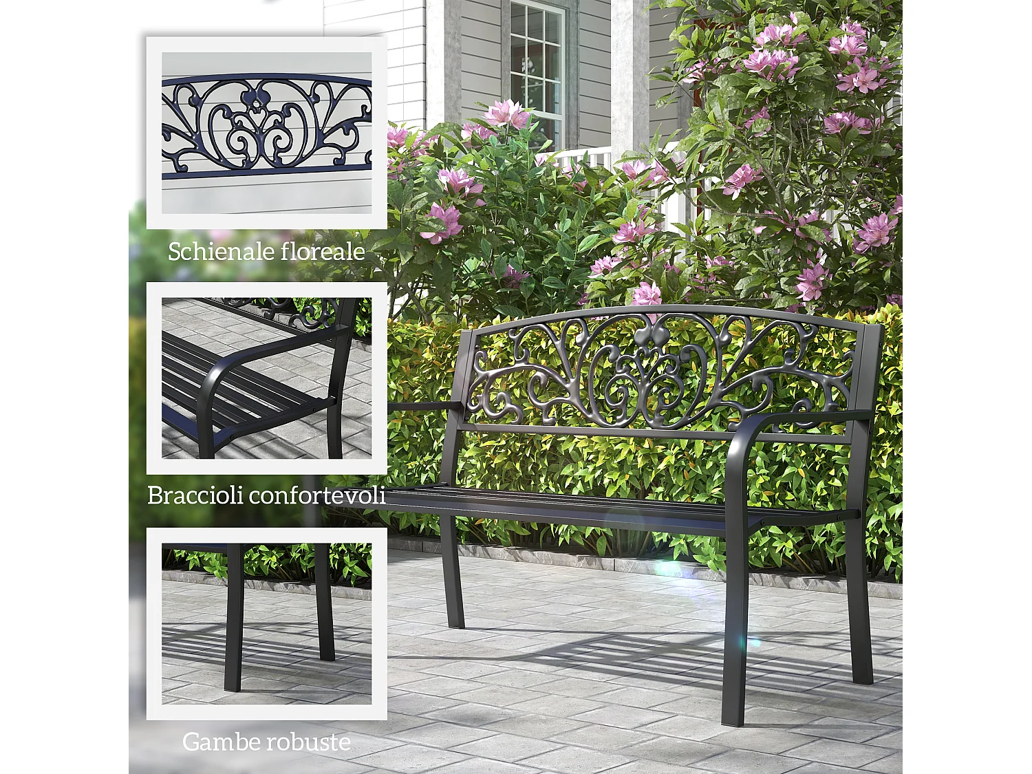 Panchina da giardino in metallo 127x60x87cm nero
