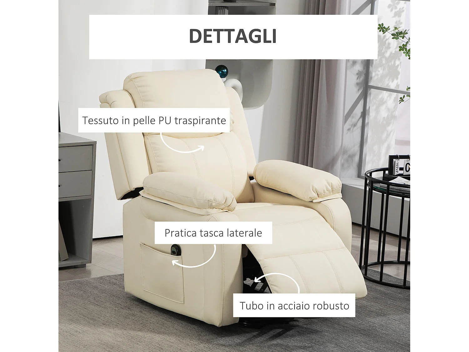 Poltrona alzapersona con poggiapiedi e telecomando bianco crema