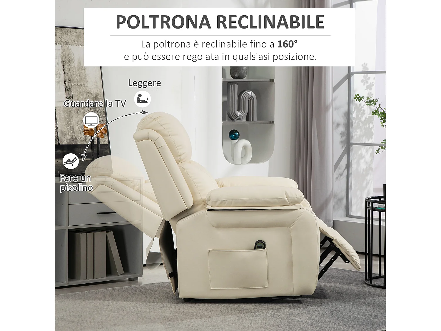 Poltrona alzapersona con poggiapiedi e telecomando bianco crema