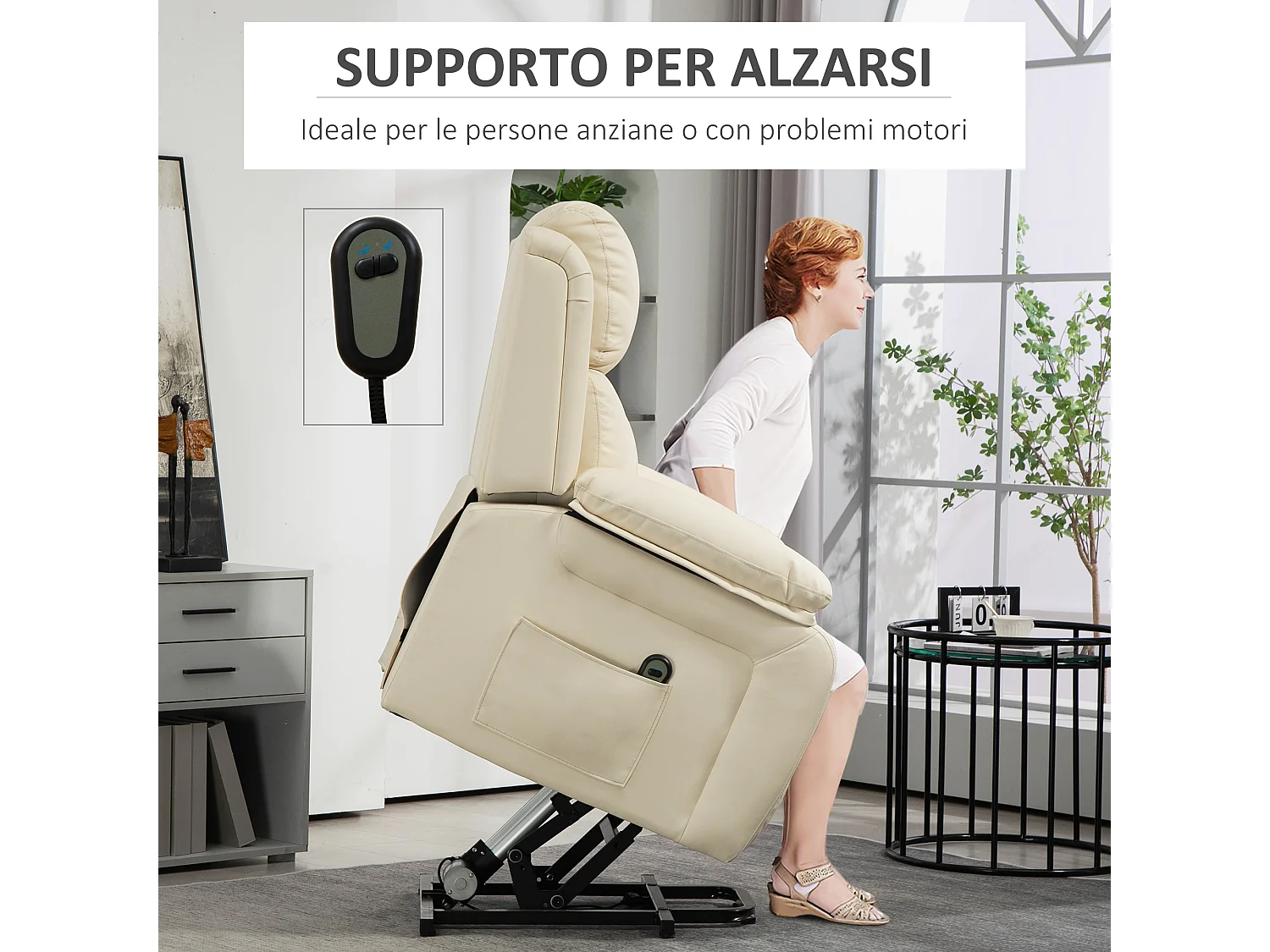 Poltrona alzapersona con poggiapiedi e telecomando bianco crema