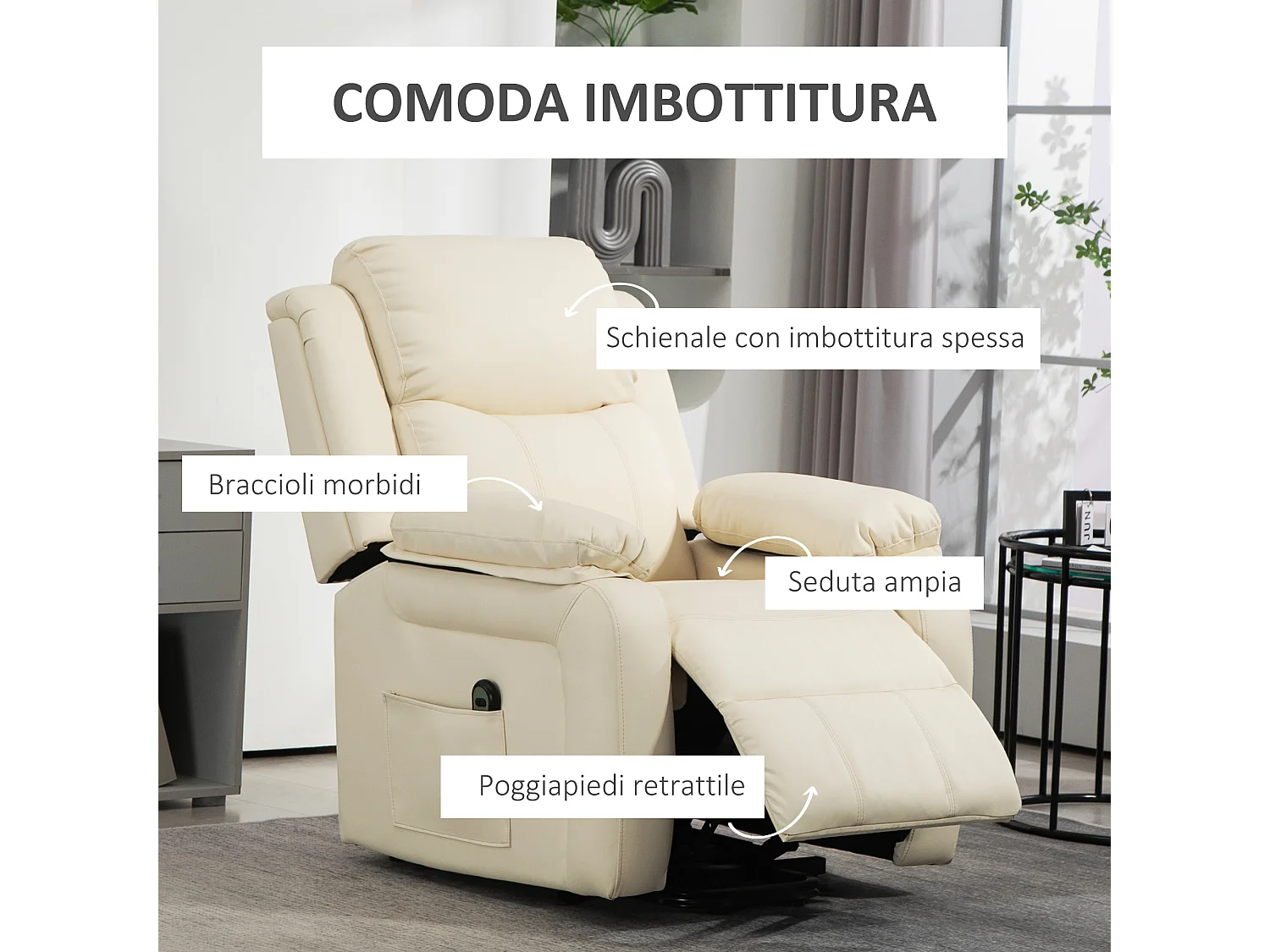 Poltrona alzapersona con poggiapiedi e telecomando bianco crema